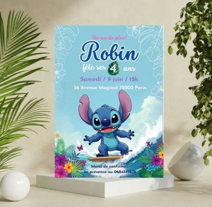 Carte d'invitation Stitch. Faire part Stitch pour anniversaire fille