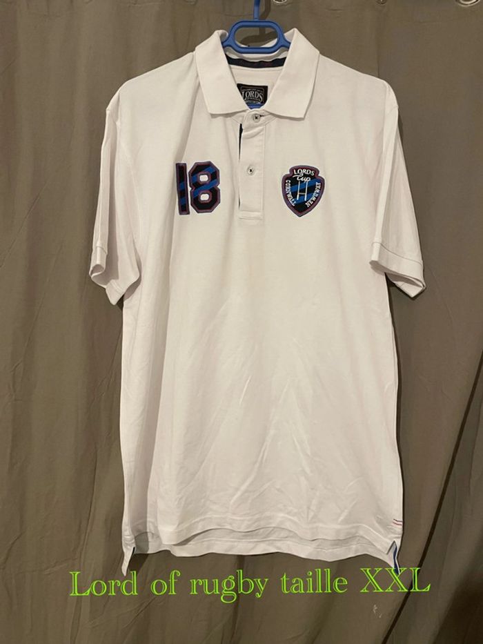 Polo à manches courtes blanc motifs écriture devant bleu marine neuf Lord of Rugby taille XXL