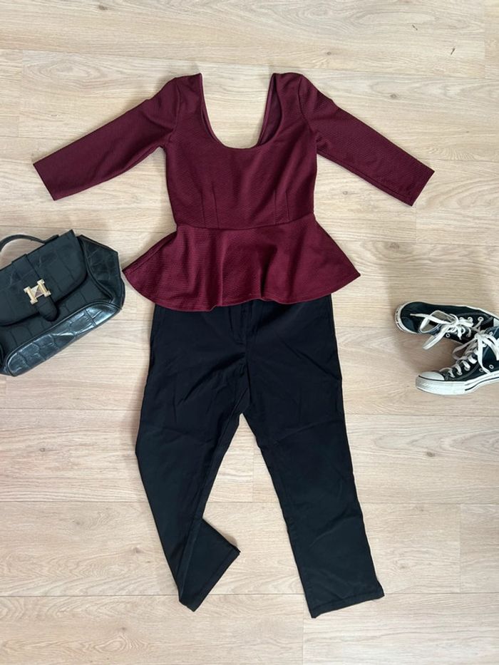 Ensemble femme pantacourt noir et top pelplum manches 3/4 bordeaux - photo numéro 3