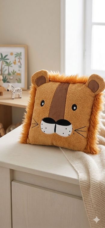 Grand Coussin LION TOUT DOUX - Déco Jungle Enfant - 40x40 cm