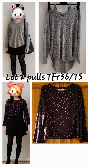 Lot 2 Pulls TS/TFr36 -Promod Noir à Pois Blancs & Bershka Gris Chiné & Epaules Dénudées