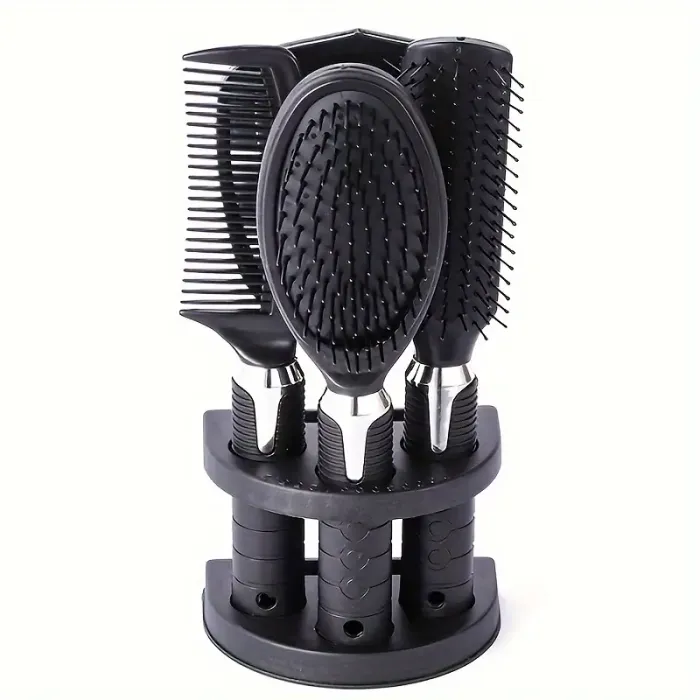 💇♂️ Set de Coiffure Professionnel – 4 Brosses + Miroir + Support – Noir | Tous Types de Cheveux