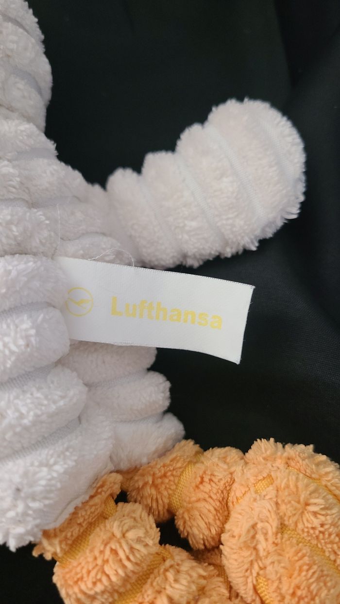 Peluche publicitaire canard LUFTHANSA oiseau côtelé blanc orange compagnie aérienne 20 cm - photo numéro 3
