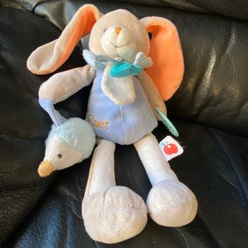 DOUDOU LAPIN GRIS BLEU BLANC ORANGE POM HÉRISSON ANNEAU BABY NAT 28-38CM
