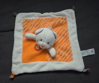 Doudou ours blanc carré plat orange tricot -oiseau - Simba