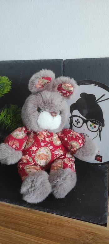 Doudou Peluche Lapin Vintage Marron Beige Corps Tissu Rouge Gris Fleurs CP Blanc