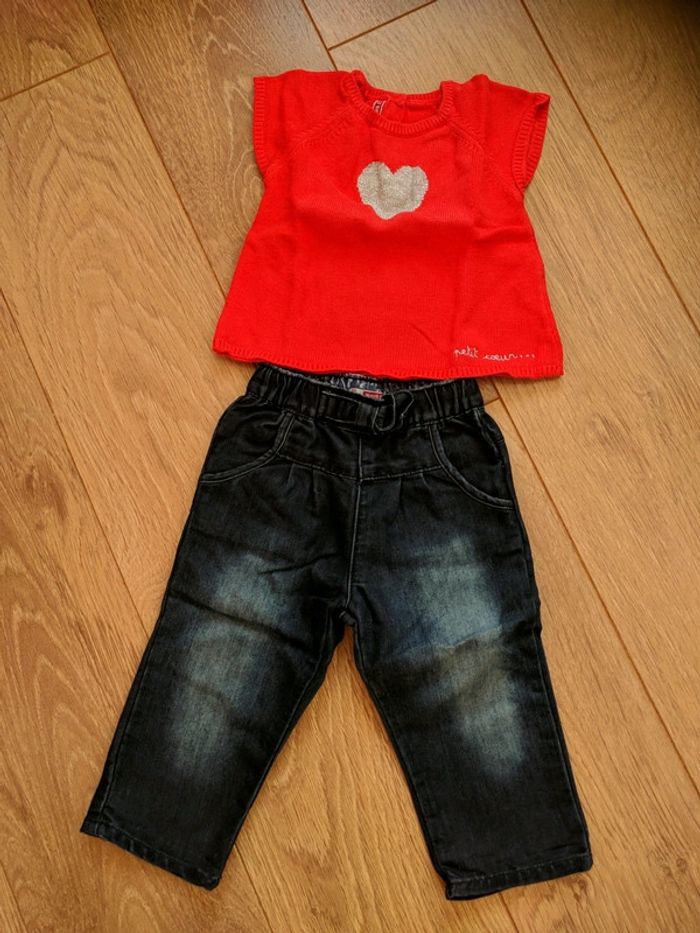 Ensemble jean + pull sans manches rouge DPAM - 18 mois