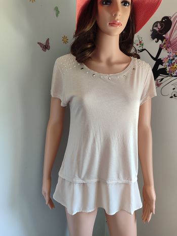 Top bi-matière perles et tête de mort beige / SM ou ML