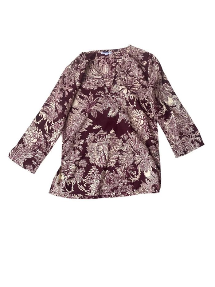 Blouse manches 3/4 bordeaux à motif tropicaux taille L