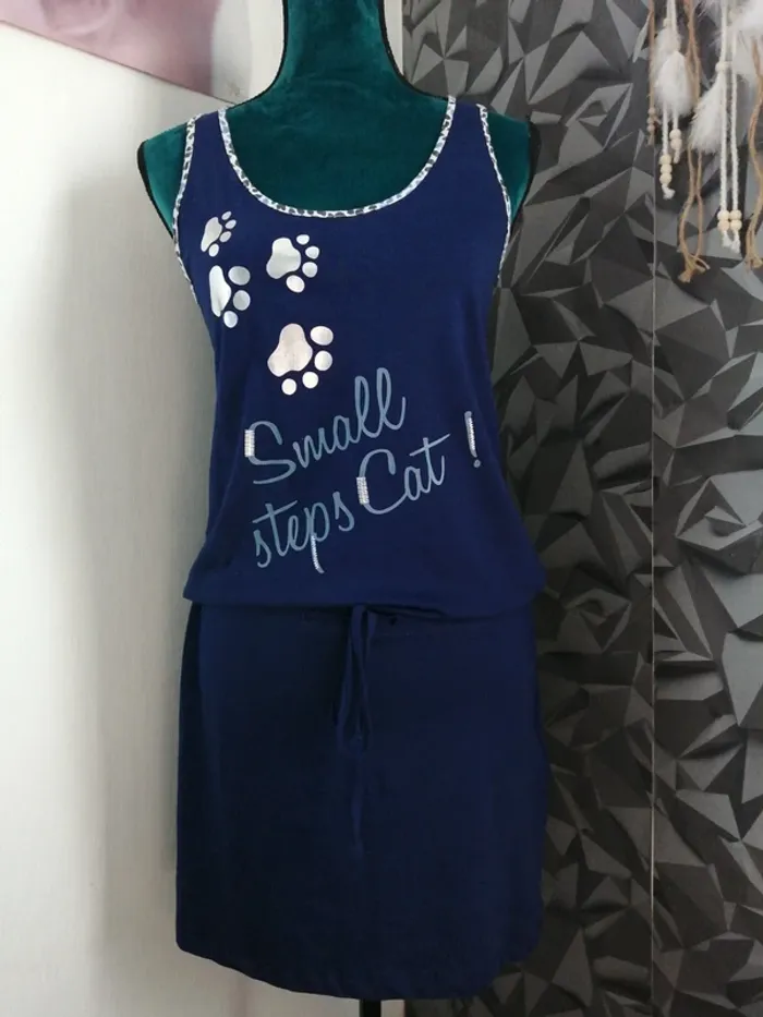 Robe de nuit bleu marine sans manches motifs pattes de chien lien à nouer / tissaia / (XS)