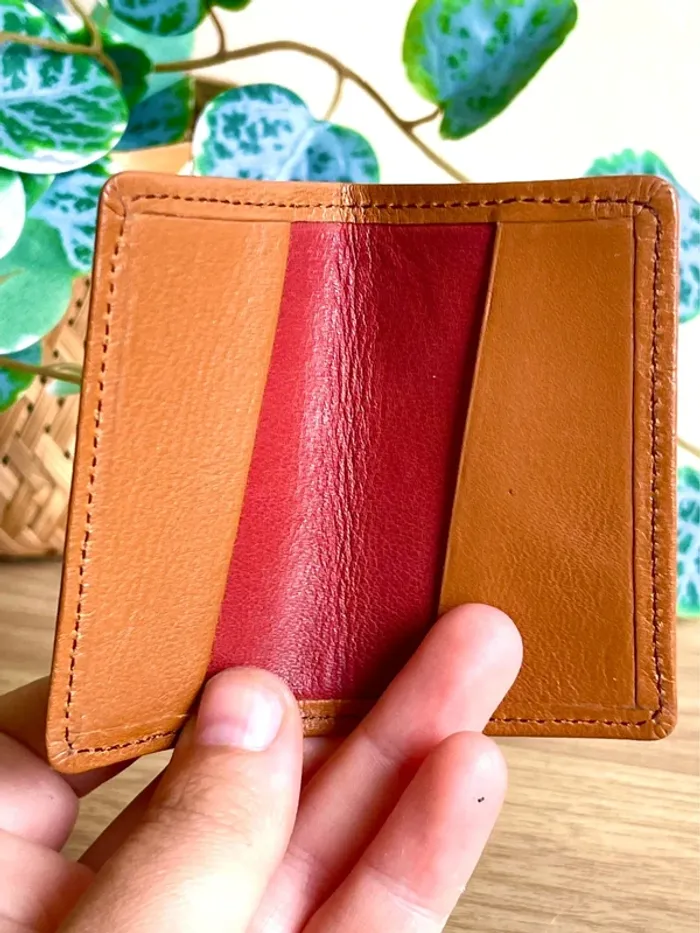 Porte cartes bicolore cuir rouge camel neuf sellerie compact