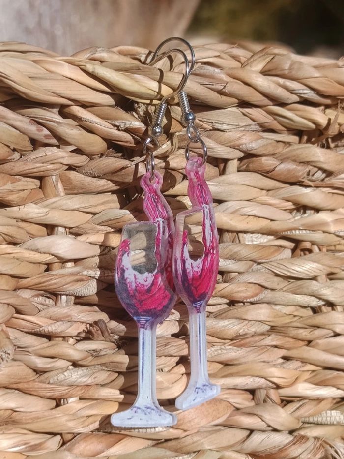 Boucles d'oreilles acrylique acier argenté verres de vin - photo numéro 3