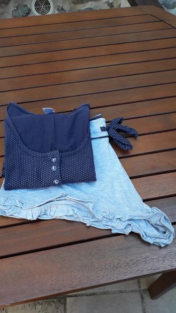 Pyjama short gris et débardeur marine pois blanc