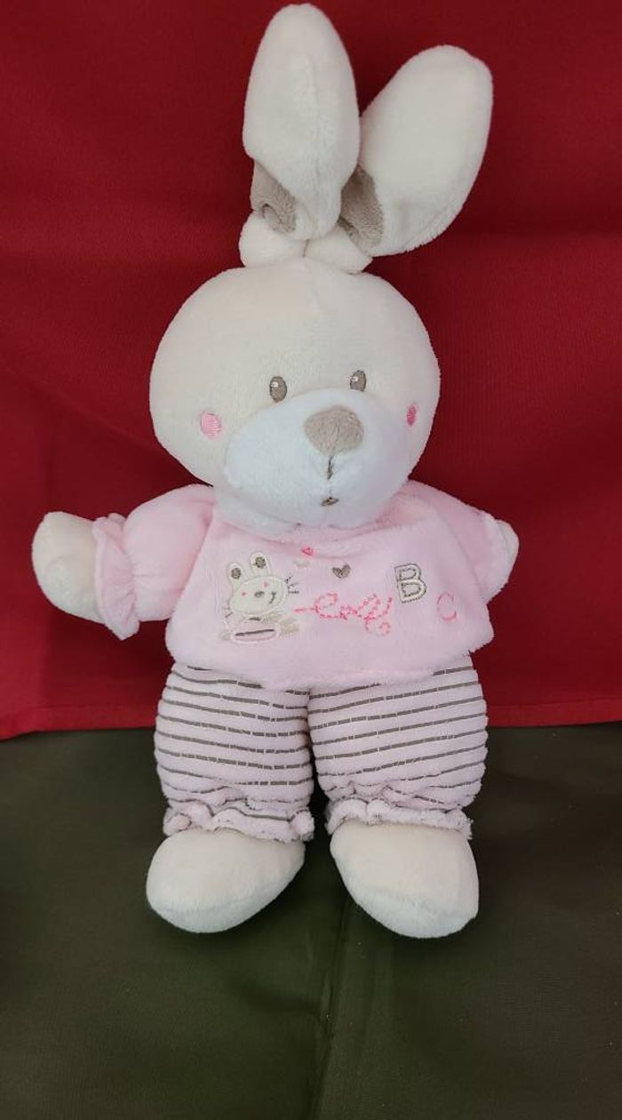 Doudou Lapin Rose Blanc Et Rayé Abc Nicotoy - photo numéro 4