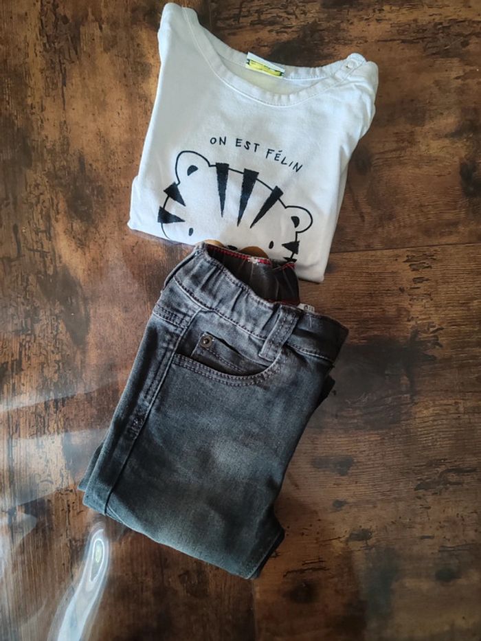 Ensemble garçon 12 mois t-shirt blanc et jean gris Grain de ble