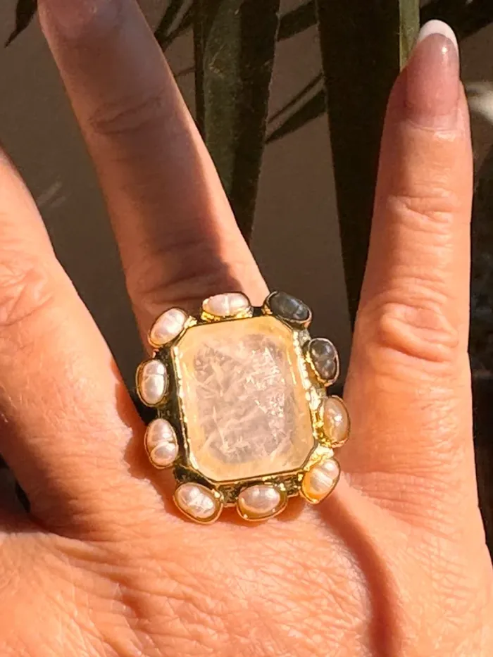 Grosse bague habaha Paris cristal de roche pierres eaux douces  acier inoxydable or réglable - photo numéro 5