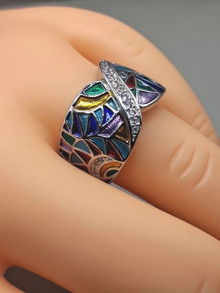 bague en acier inoxydable + émaux + diamants taille 6 = taille Française 51.9 = 16.5 mm - photo numéro 3