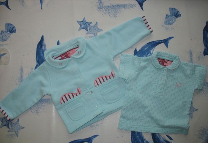 ENSEMBLE 2 PCS BÉBÉ FILLE : GILET + TEE SHIRT MC BLEU CIEL "GÉMO" - 6 MOIS - n°19
