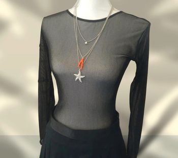 Sautoir collier multi chaînes, thème bord de mer coloris argent corail neuf étiqueté Cache Cache