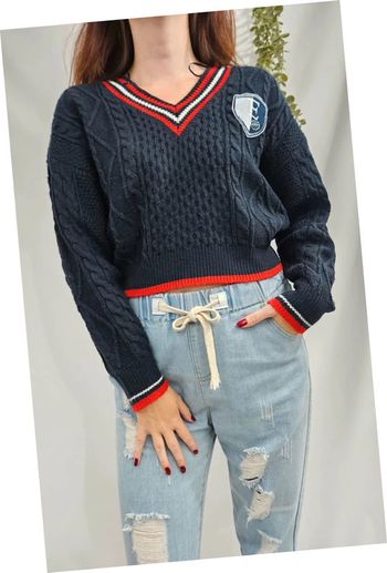 Pull court torsadé bleu marine en maille logo brodé Élite taille S