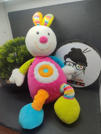 Doudou lapin rose vert bleu bebisol peluche rond Sourire Pantin Ancien PE0226