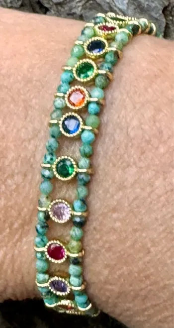 Bracelet manchette fils tissés pierres malachite cristaux couleurs acier inoxydable or habaha Paris