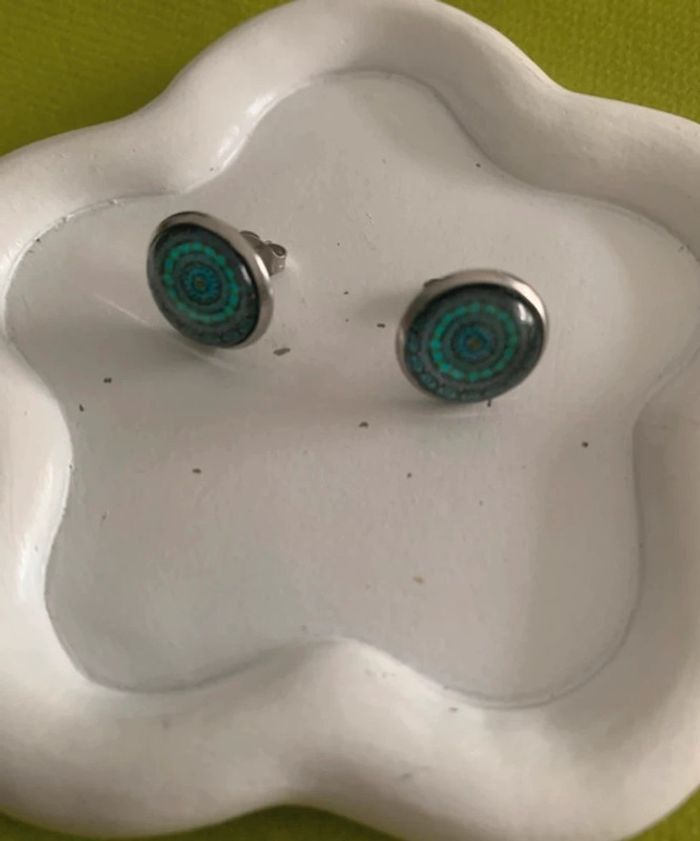 Boucles d’oreilles rondes mandala bleu turquoise en acier inoxydable argenté - photo numéro 3