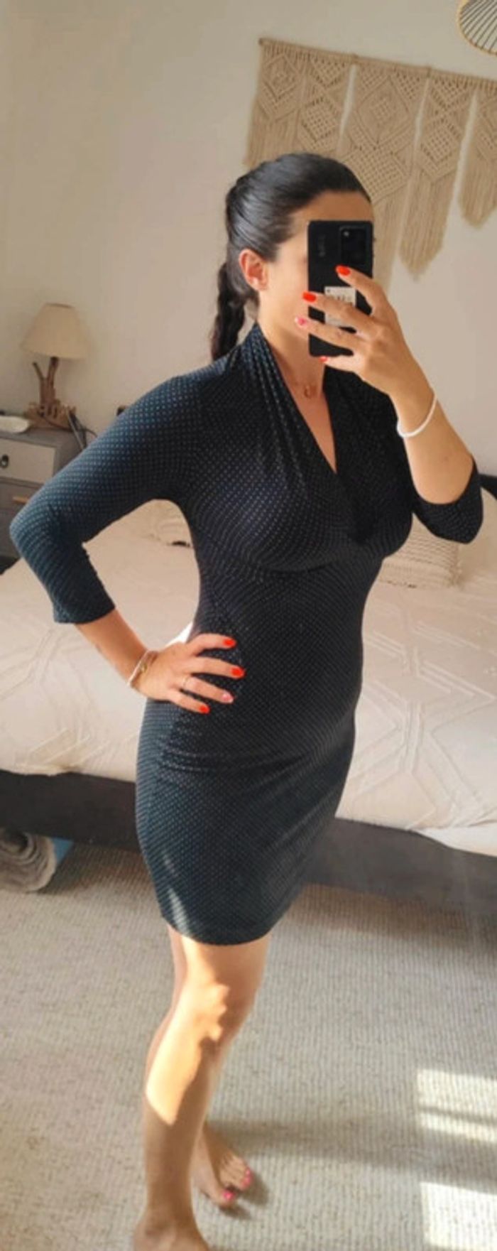 Robe noir à pois blanc Agnès B taille 2 moulante manches 3/4 - photo numéro 2