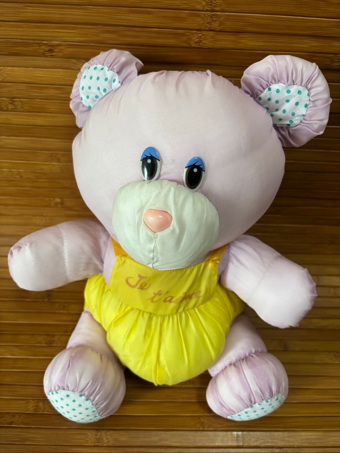 Vintage peluche ours puffalump violet jaune je t aime bikin 34 cm - photo numéro 2
