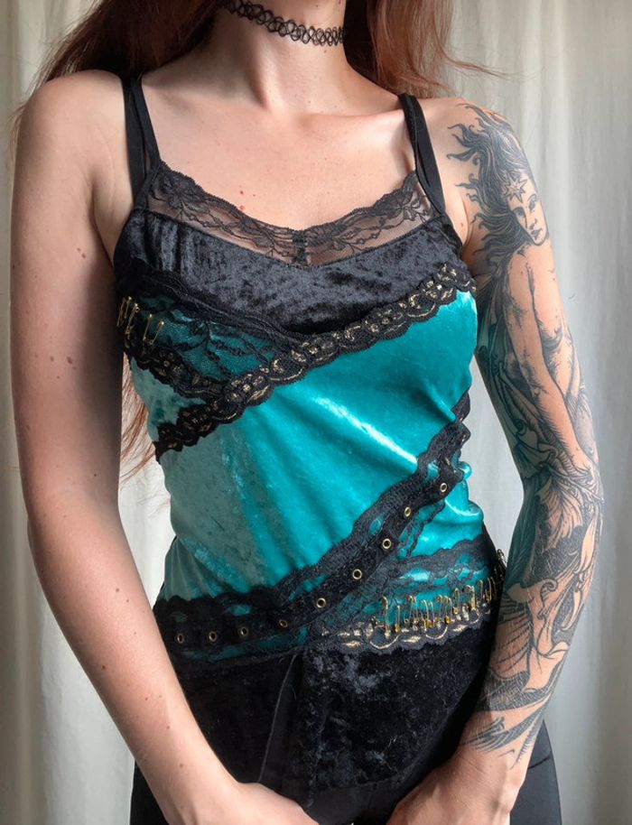 Débardeur velours dentelle Whimsical féerique vintage 90s - Taille M - photo numéro 2