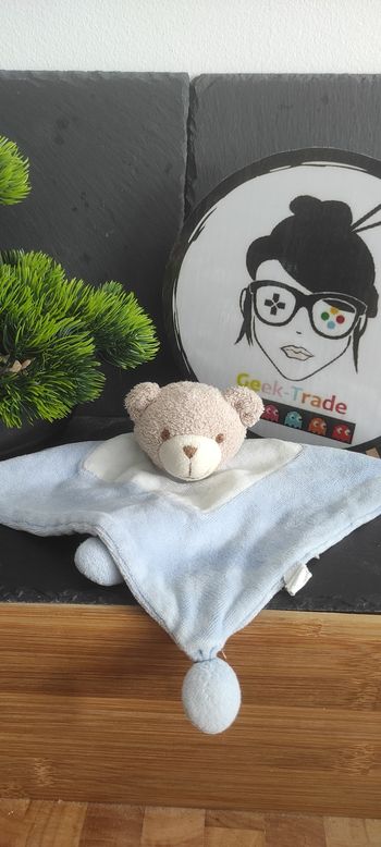 Ours sabiluc carré bleu boule blanc marron beige ancien Ponpon Éponge Doudou