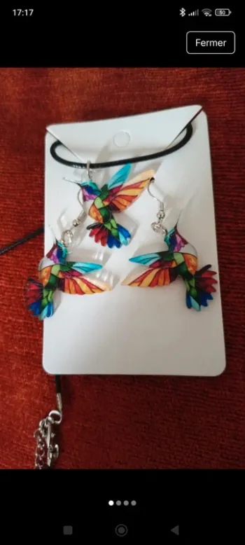 Ensemble boucles d'oreilles oiseaux colibris collier pendentif