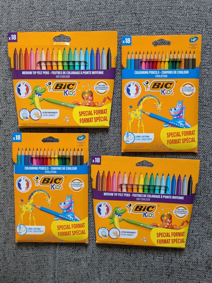 2 paquets de 18 feutres et 18 crayons de couleurs