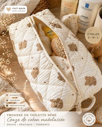 Grande trousse de toilette matelassée en gaze de coton crème imprimé petits oursons Teddy