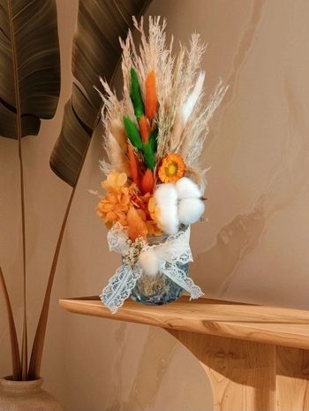 Bouquet fleurs séchées avec vase en verre 