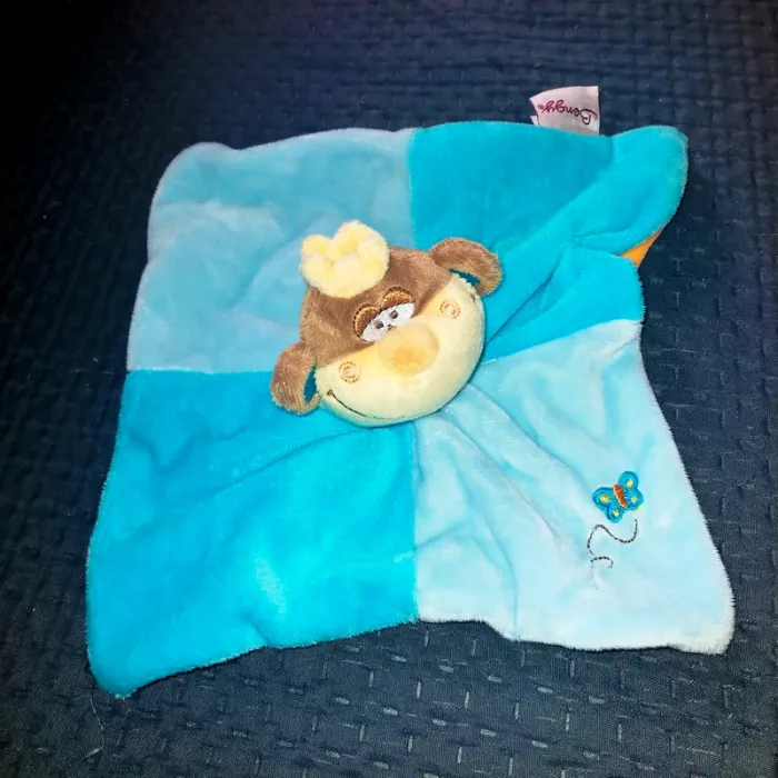 Doudou singe bleu, orange Bengy