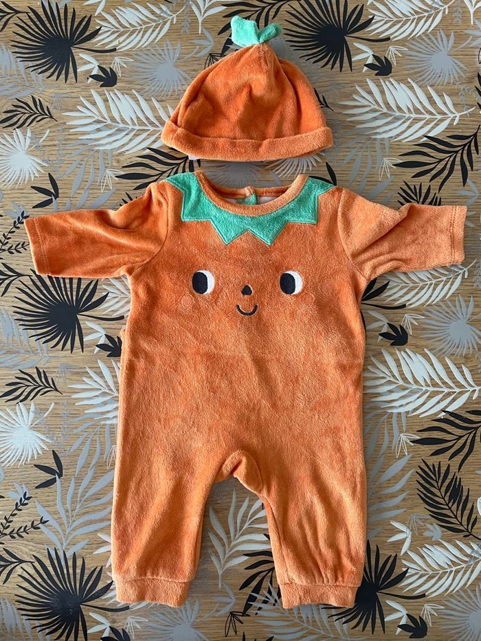 Ensemble pyjama sans pied + bonnet orange citrouille tex bb 3 mois