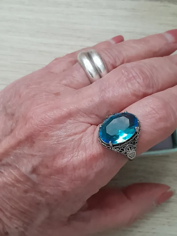 Magnifique bague, style vintage, pierre bleue, taille 60 - photo numéro 5