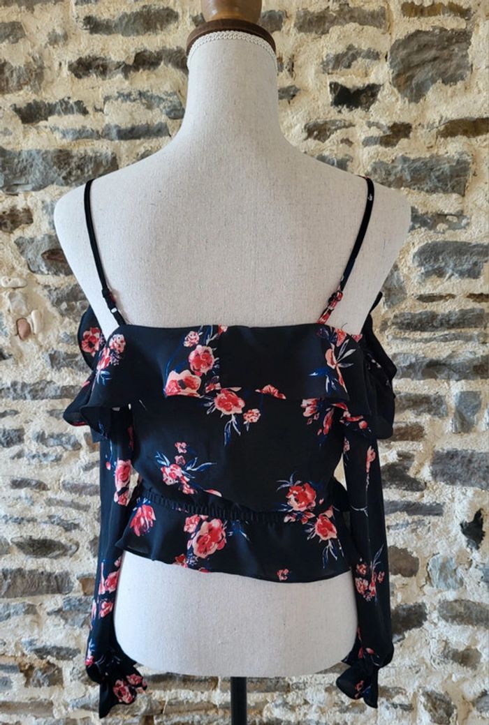 Top court crop top épaules dénudées fleuri noir H&M Taille 34 - photo numéro 8