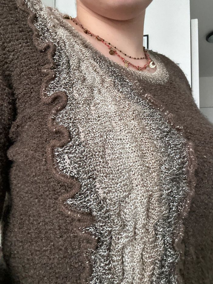 Pull vintage Y2K marron & beige – Taille S | Style rétro | Motifs 2000’s - photo numéro 2