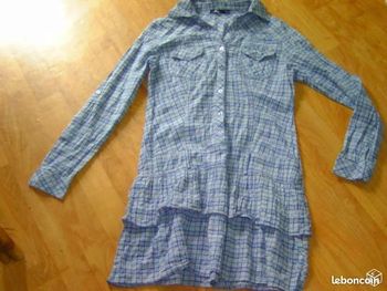 Tunique MIM carreaux gris bleus blancs volantée S TBE