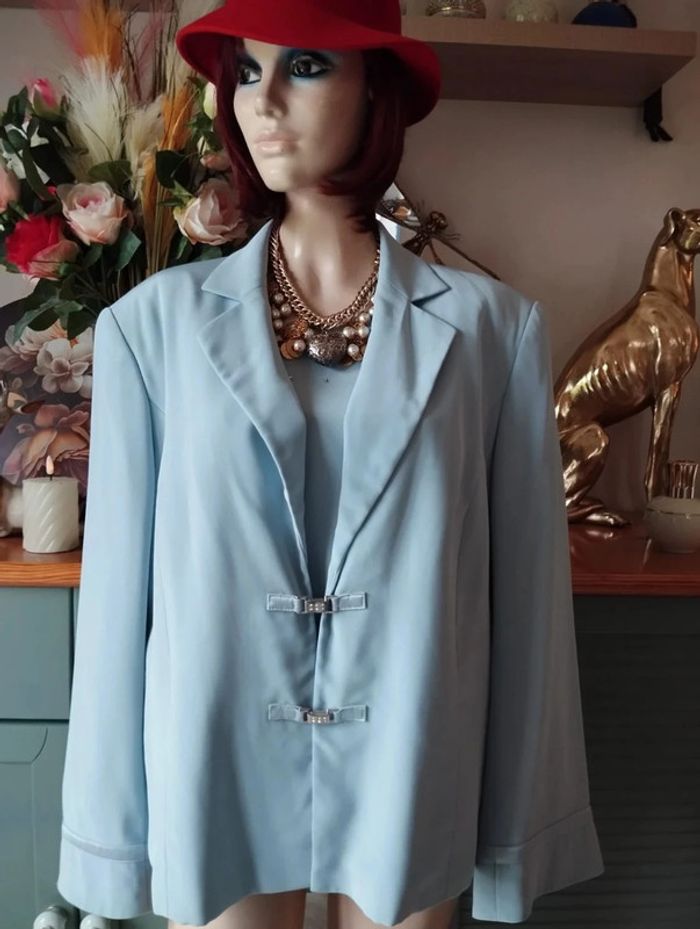 🌹 Ensemble Veste & Top Bleu Pastel Strass & Satin Gérard Pasquier T46/48 Un Petit Défaut🌹 - photo numéro 8