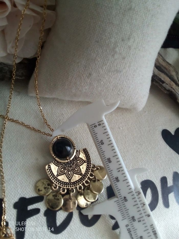 Collier fleur orientale et pierre d'obsidienne naturelle - photo numéro 3