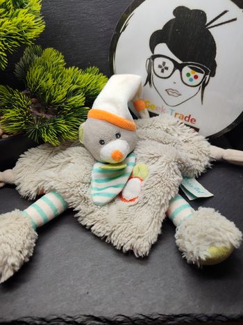 doudou ours baby Nat' bonnet blanc gris bleu orange fourrure patte bn020 Oscar 