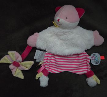 Doudou et compagnie plat chat blanc rose fushia rayé- Moulin a vent