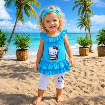 ENSEMBLE 3P FILLE MOTIF FANTAISIE AVEC VOLANTS SOIT TUNIQUE + PANT. + BANDEAU 3A