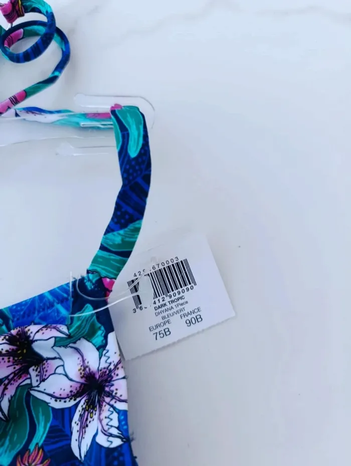 Maillot de bain une pièce RougeGorge neuf 90B fleur feuillage tropical lacets dos avec baleine - photo numéro 5