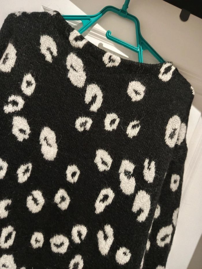 🌸 Pull d'hiver long Esprit noir imprimé léopard blanc L 40 acrylique polyester mohair elasthanne - photo numéro 4