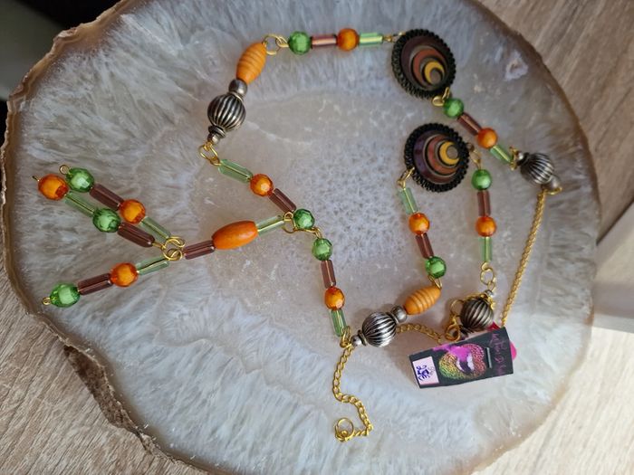 Collier Sautoir Doré Perles Orange Vert Marron - photo numéro 5
