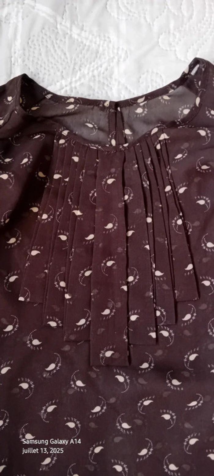 Blouse en voile manches volantées col cravate motif plumes marron femme L - photo numéro 13